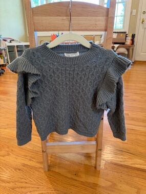 Rylee + Cru Gray Cable Knit Ruffle Shoulder Sweater